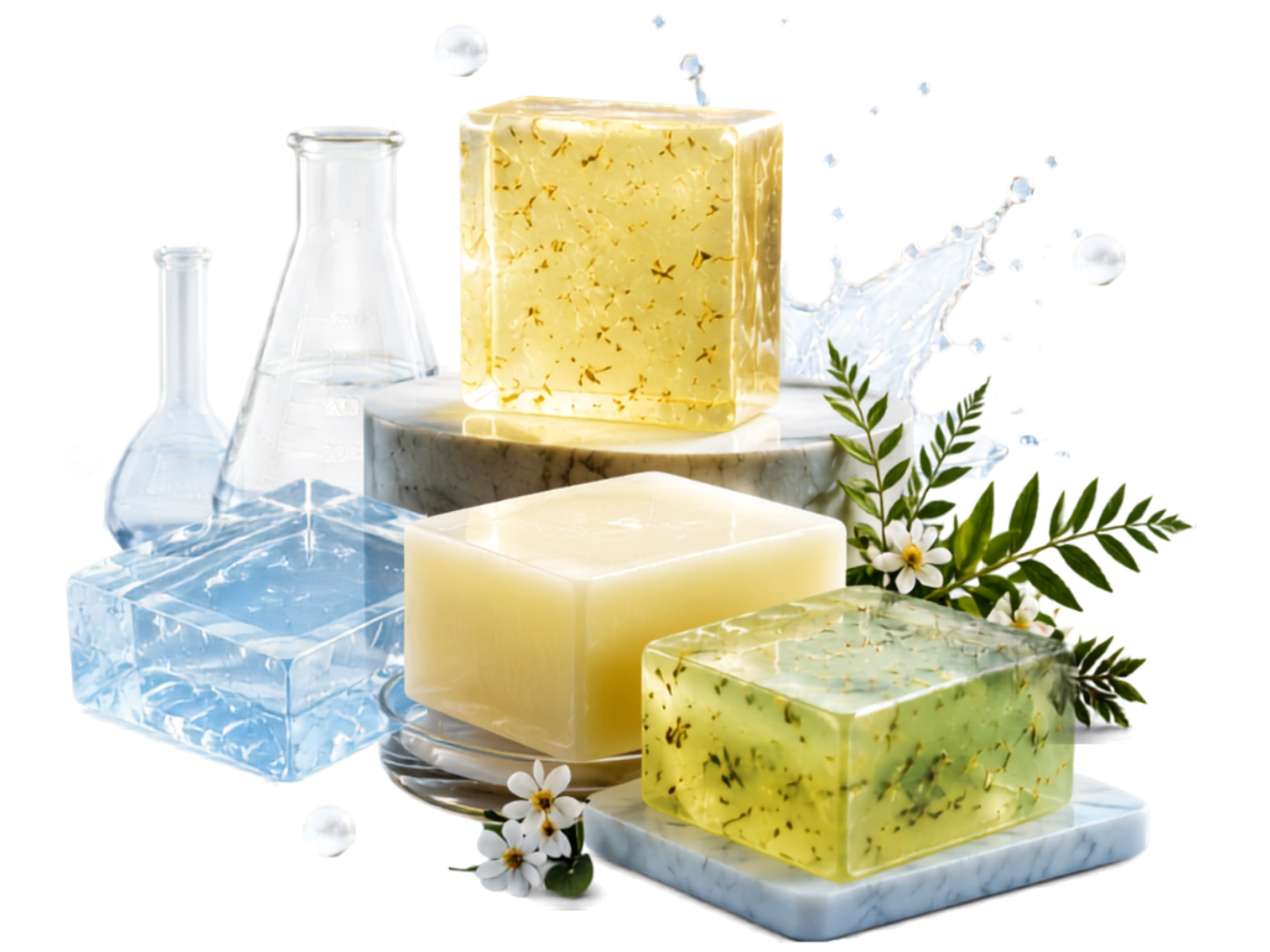 Trans Surfactant melt and pour soap base blocks — transparent, milk and herbal formulations